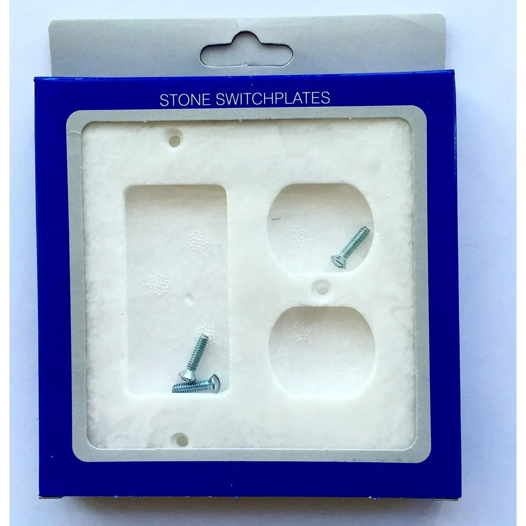 Stone switchplate in blue packaging for White Marble Meram Blanc Rocker Duplex Wall Plate