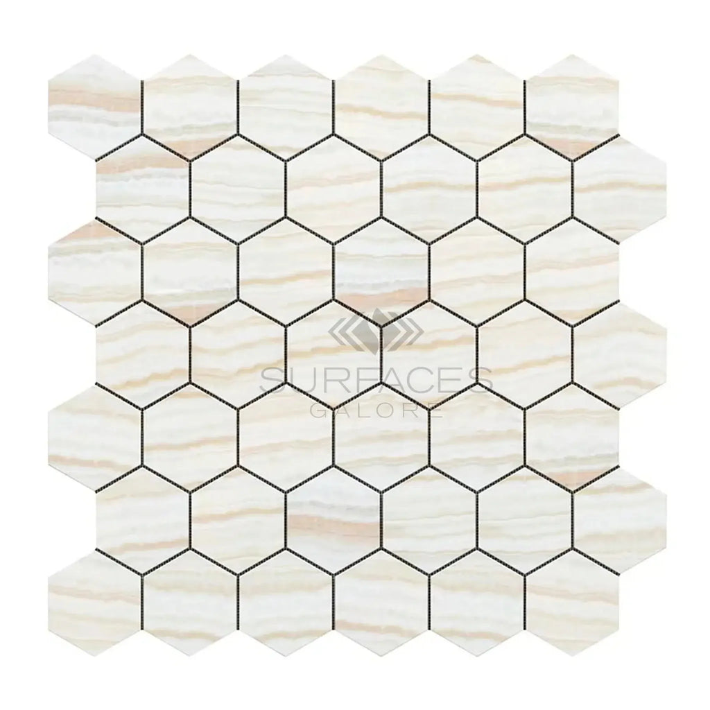 Hexagonal marble mosaic tile sheet in White Onyx Bianco-Vanilla polished finish