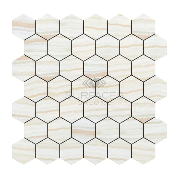 Hexagonal marble mosaic tile sheet in White Onyx Bianco-Vanilla polished finish