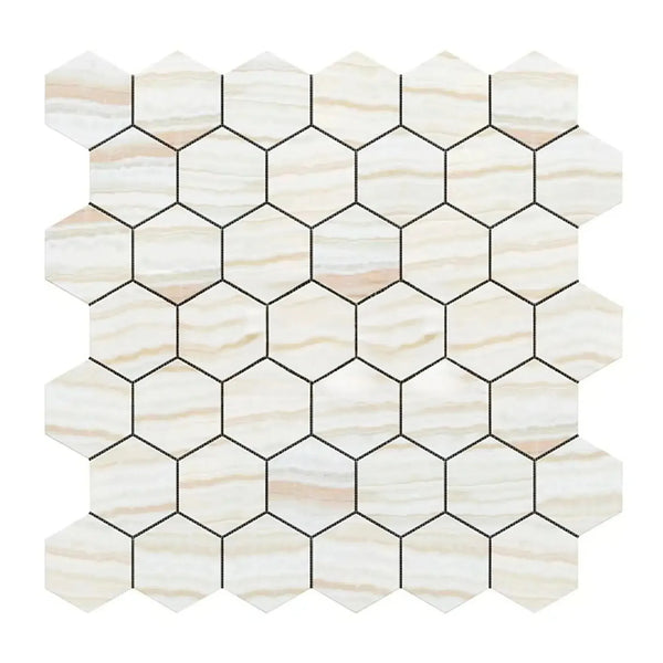 Hexagonal marble mosaic tile sheet of White Onyx Bianco-Vanilla polished finish