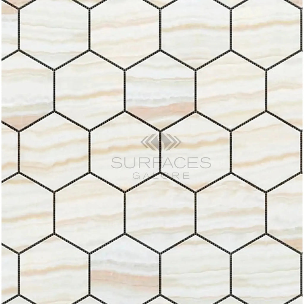 Hexagonal marble tile pattern showcasing White Onyx Bianco-Vanilla polished mosaic