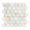 Honeycomb patterned tile sheet of White Onyx Bianco-Vanilla 2 inch Hexagon Mosaic Marble