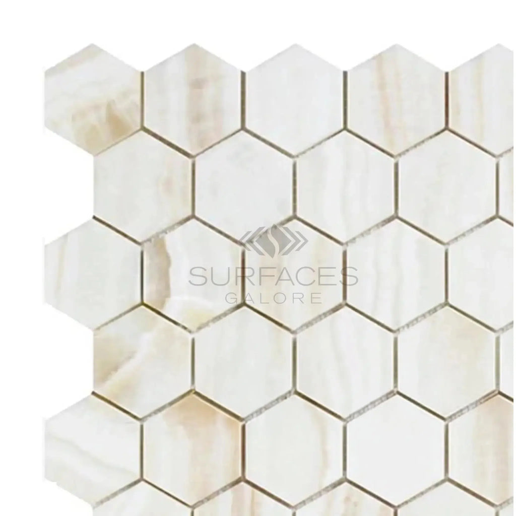 Hexagonal White Onyx Mosaic Tiles in Bianco-Vanilla Polished Finish for Elegant Designs