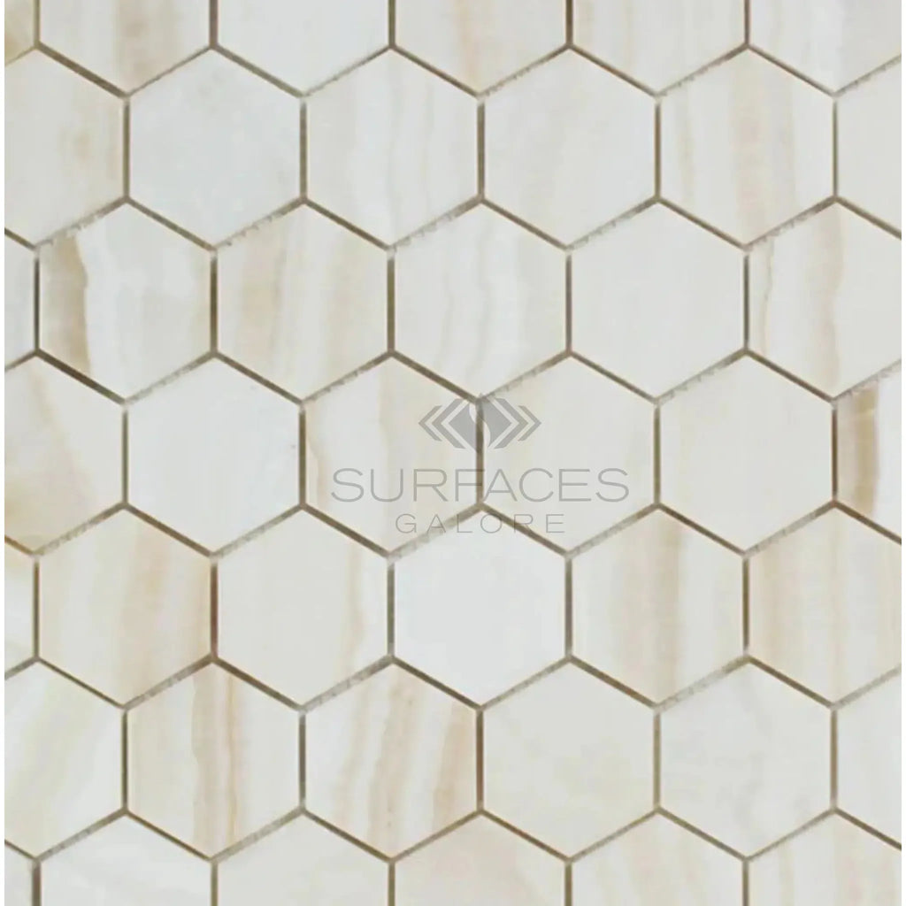 White Onyx Bianco-Vanilla 2 inch Hexagon polished vein-cut mosaic marble tile pattern