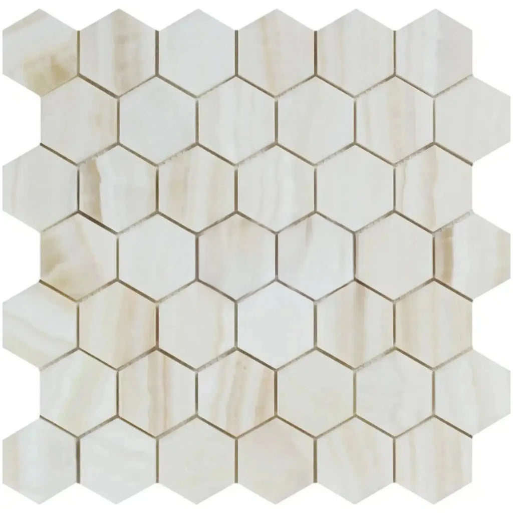 White Onyx Bianco-Vanilla 2 inch Hexagon Vein-Cut Mosaic Marble Tile Polished