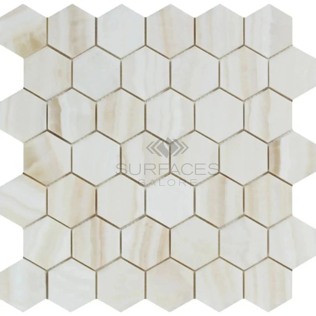 White Onyx Bianco-Vanilla 2 inch Hexagon Vein-Cut Mosaic Marble Tile Polished