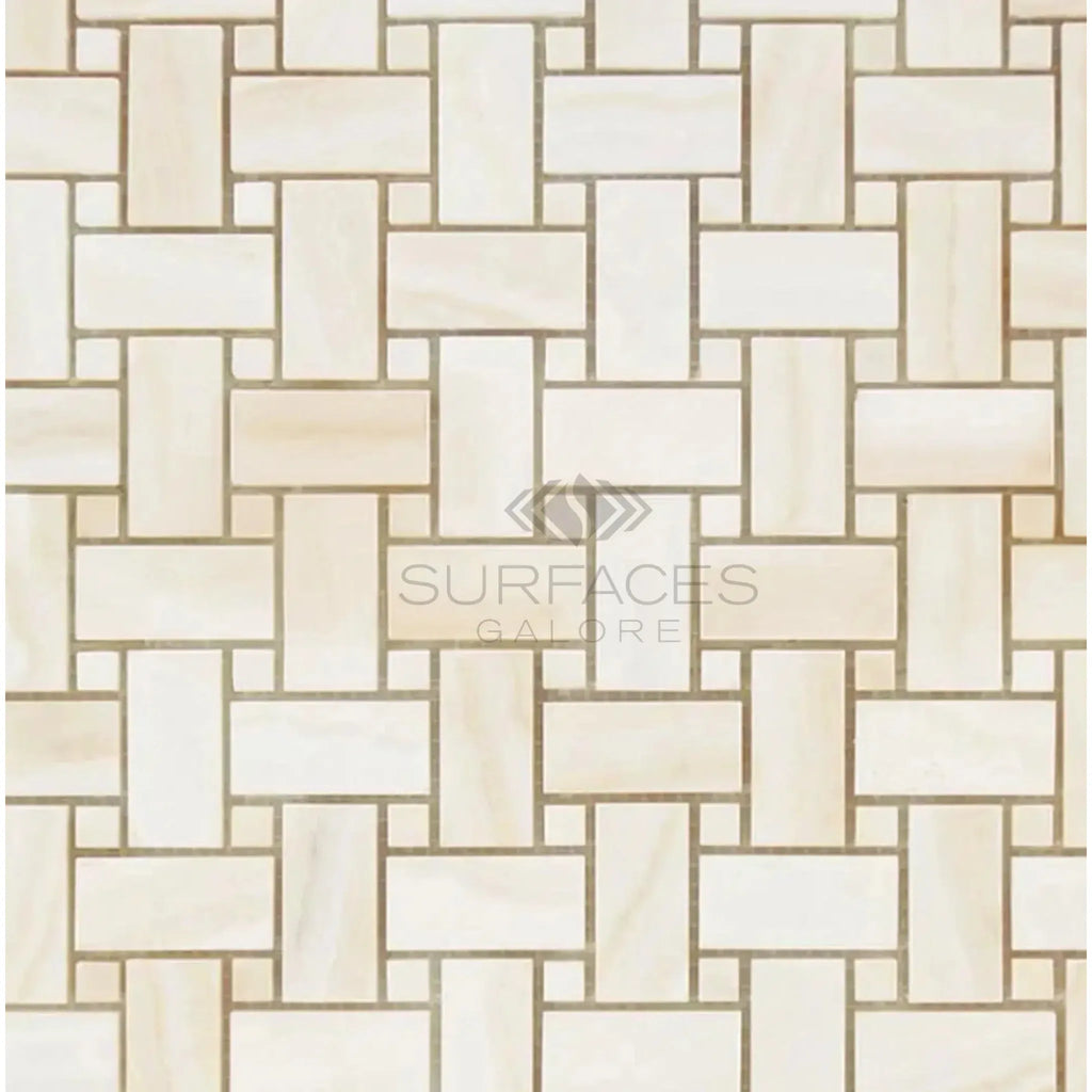 Beige basketweave marble tile in White Onyx Bianco-Vanilla polished mosaic design