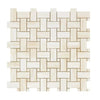 Woven rectangular tile mosaic featuring White Onyx and White Onyx dots in polished finish