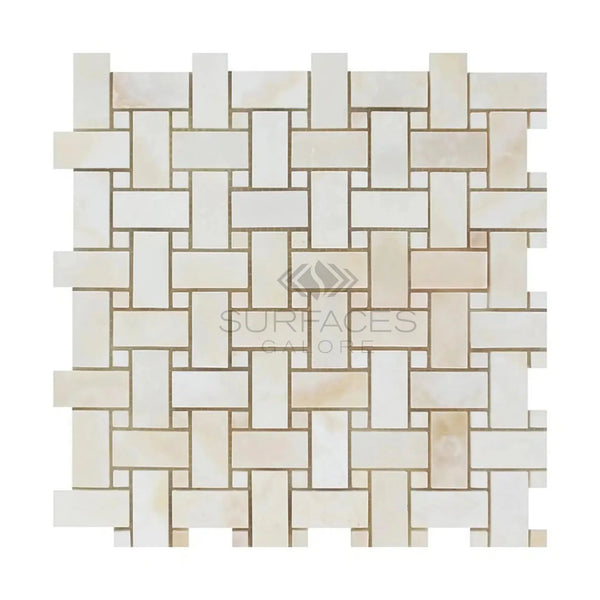 Woven pattern of White Onyx Basketweave Mosaic Tile with contrasting dots