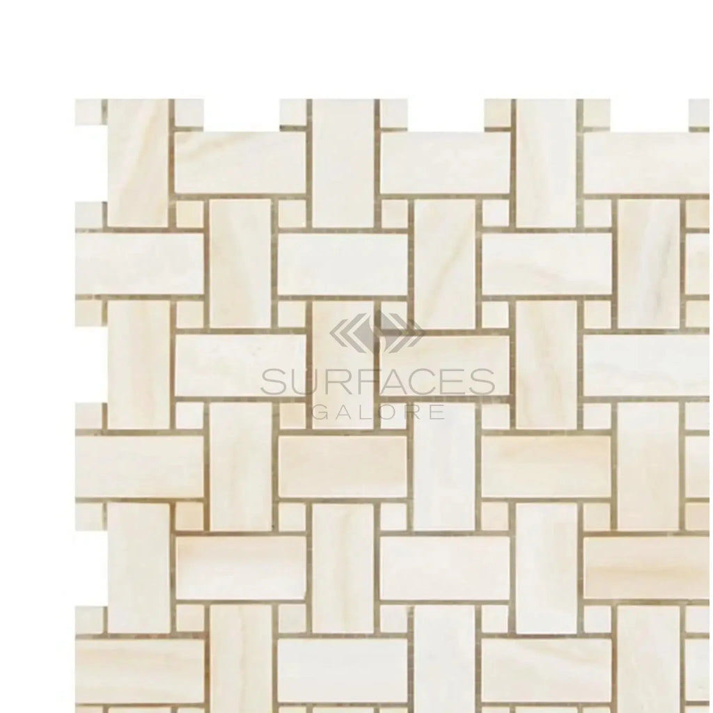 Beige basketweave tile pattern in White Onyx Bianco-Vanilla Mosaic Marble Tile