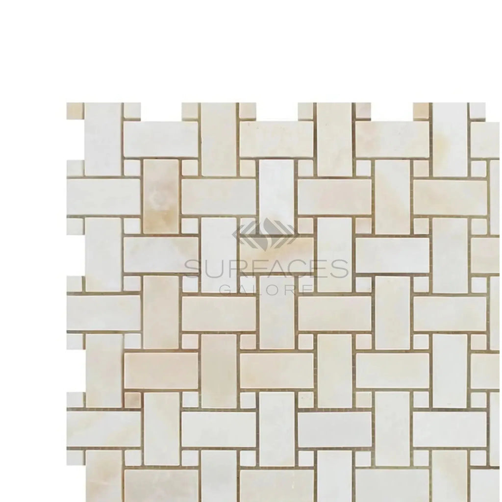 Beige basketweave mosaic tile in White Onyx Bianco-Vanilla polished marble design