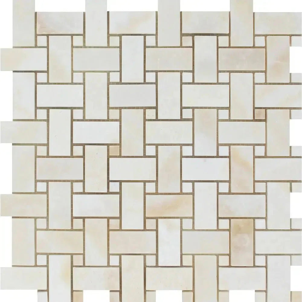 Woven rectangular and square tiles in White Onyx Basketweave Mosaic marble design