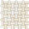 Woven pattern of White Onyx Basketweave Mosaic tile with Dots and Vein-Cut design