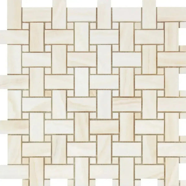 Woven pattern of White Onyx Basketweave Mosaic tile with Dots and Vein-Cut design