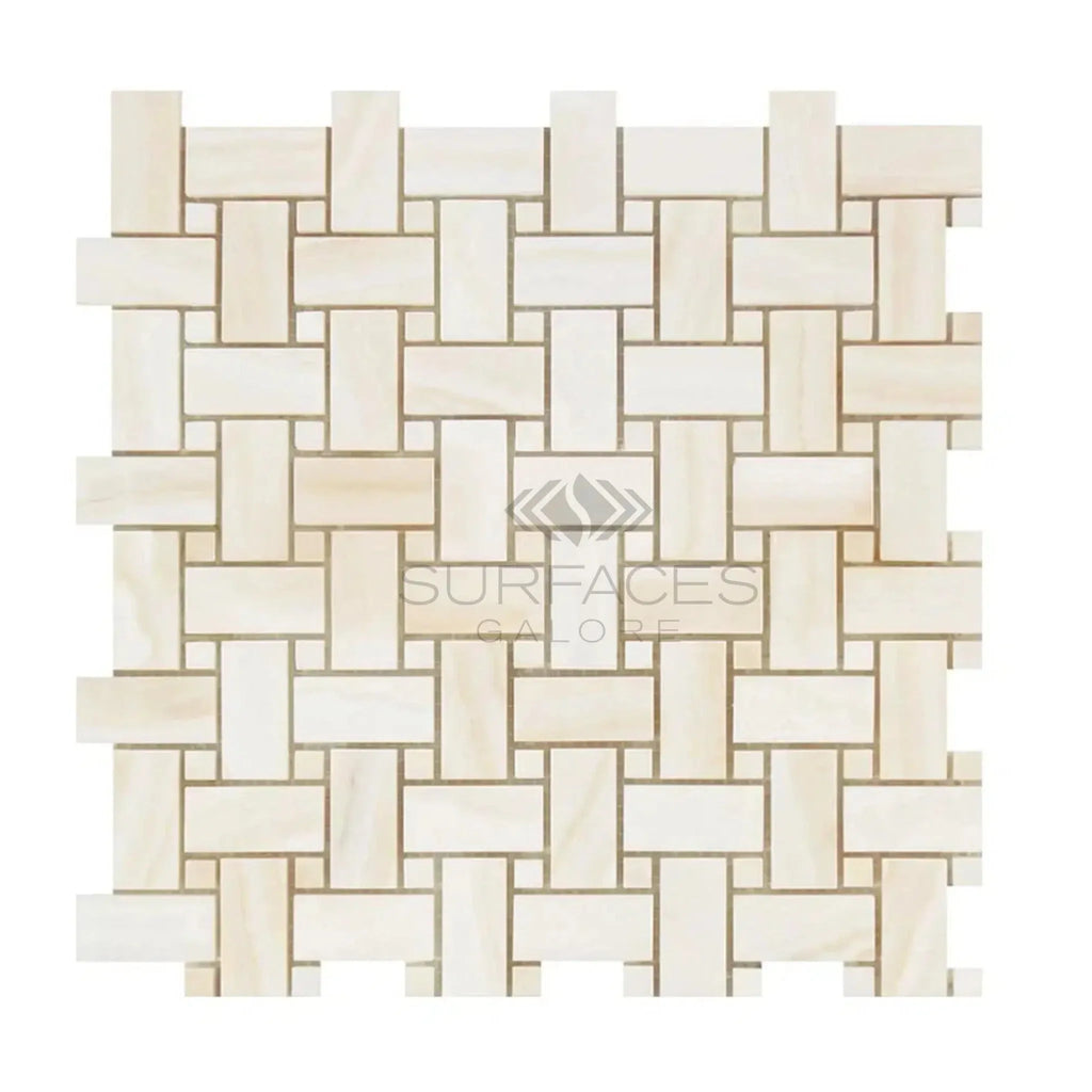 Woven rectangular tile mosaic of White Onyx with white dots in polished finish