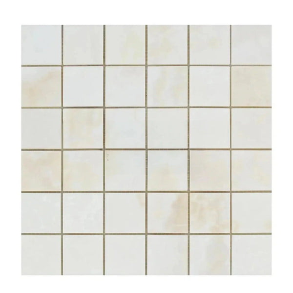 Square white tile grid of White Onyx Bianco-Vanilla Cross-Cut 2X2 Mosaic Marble Polished