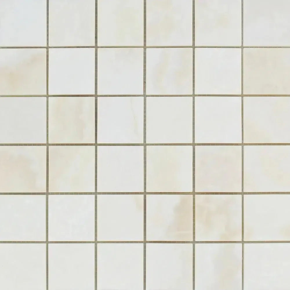 Square tile grid featuring White Onyx Bianco-Vanilla Cross-Cut 2X2 Mosaic Marble Polished