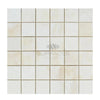 Square mosaic tile pattern in White Onyx Bianco-Vanilla Cross-Cut 2X2 polished marble