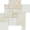 Arrangement of light-colored stone tiles in White Onyx Bianco-Vanilla mosaic pattern