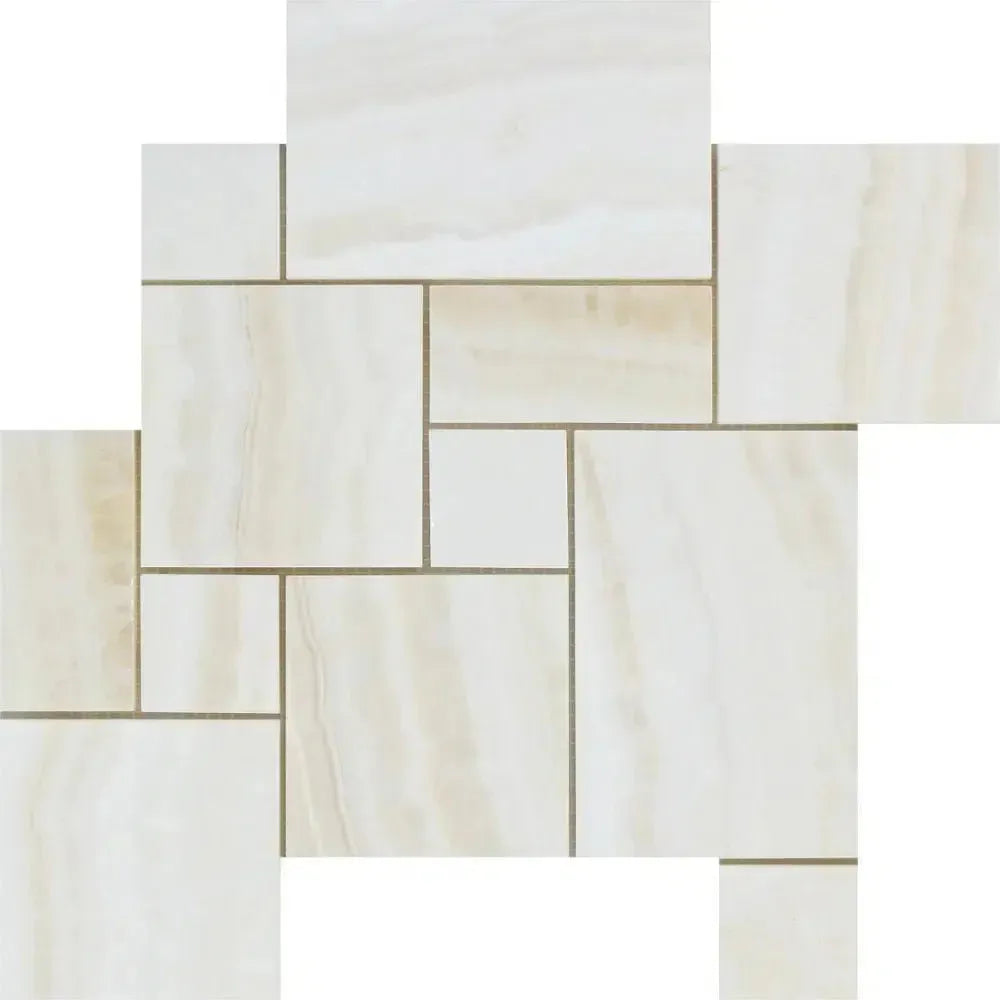 Patterned marble tile arrangement featuring White Onyx Bianco-Vanilla polished mosaic