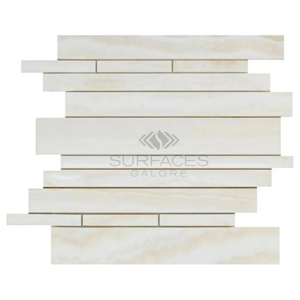 Rectangular white mosaic tile from White Onyx Bianco-Vanilla Random-Strip marble collection