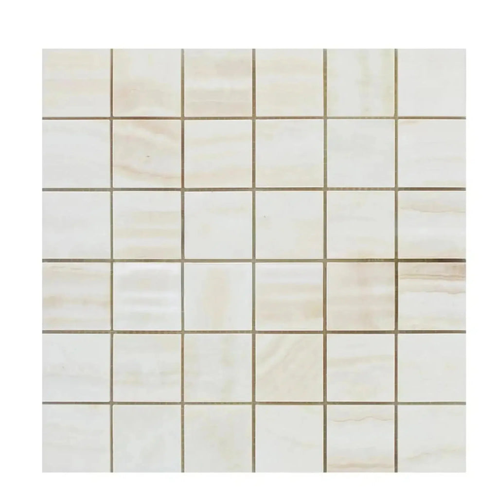 Square mosaic tile pattern of White Onyx Bianco-Vanilla Vein-Cut 2X2 Marble Polished