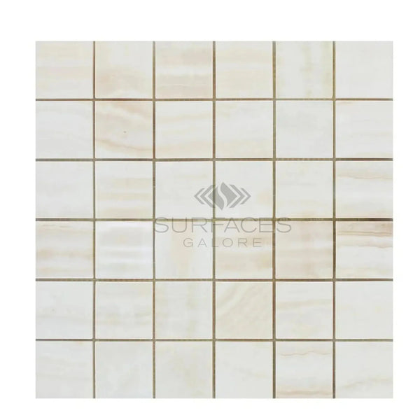 Square mosaic tile pattern of White Onyx Bianco-Vanilla vein-cut marble polished