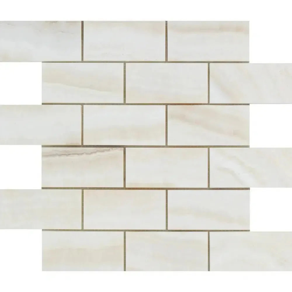 Beige brick-patterned tile mosaic from White Onyx Bianco-Vanilla Vein-Cut marble