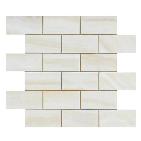 Creamy subway tile mosaic of White Onyx Vein-Cut 2X4 Polished Marble