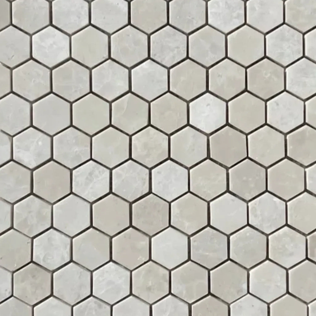 Hexagonal tile pattern of White Pearl/Botticino Beige Marble Mosaic Polished