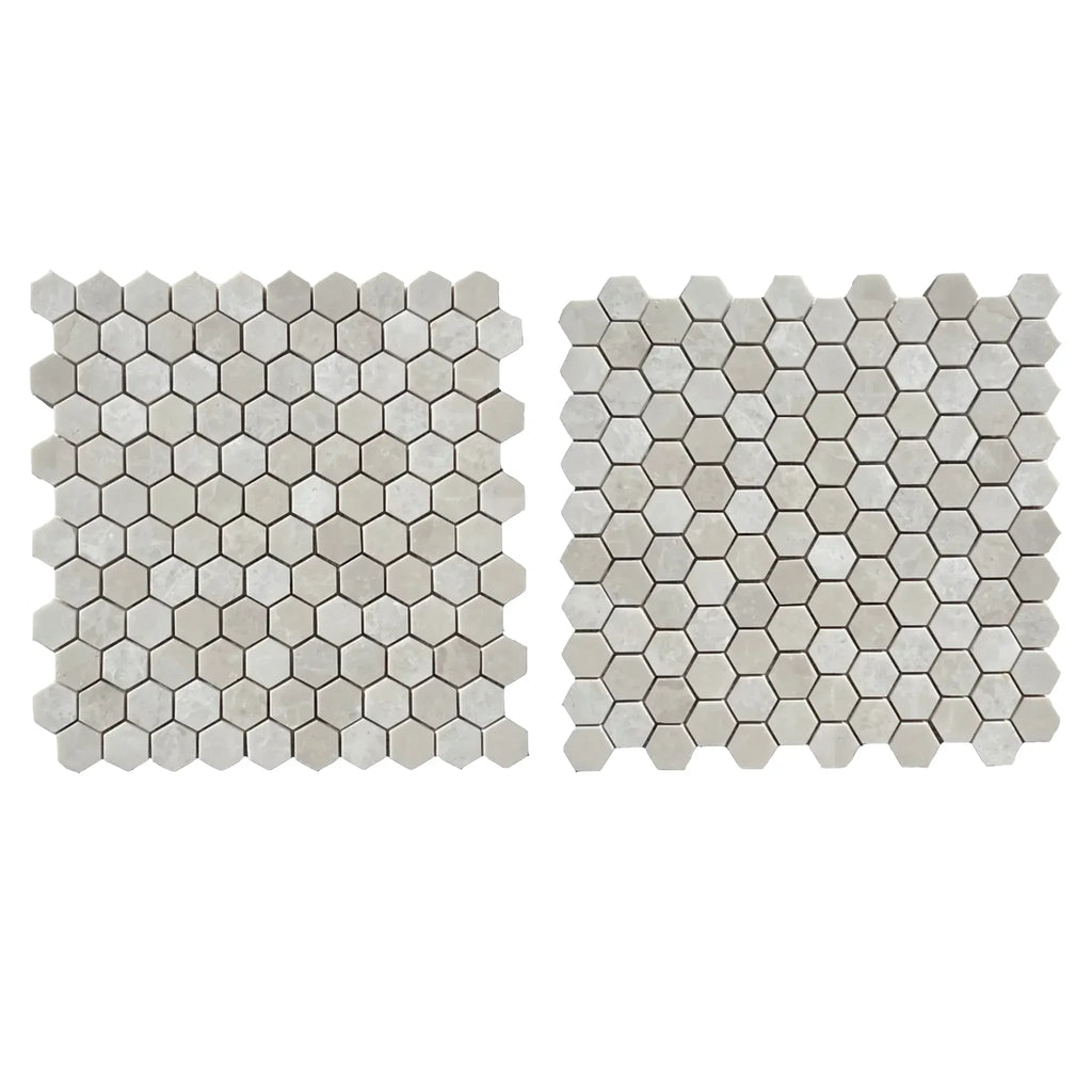 Gray hexagon mosaic tiles from White Pearl/Botticino Beige Marble collection