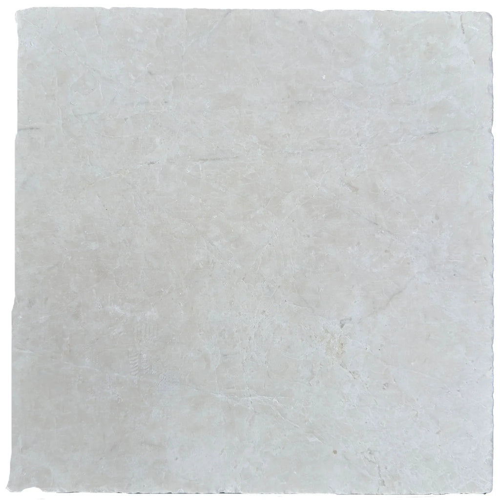 Square marble tile featuring White Pearl and Botticino Beige in a tumbled finish