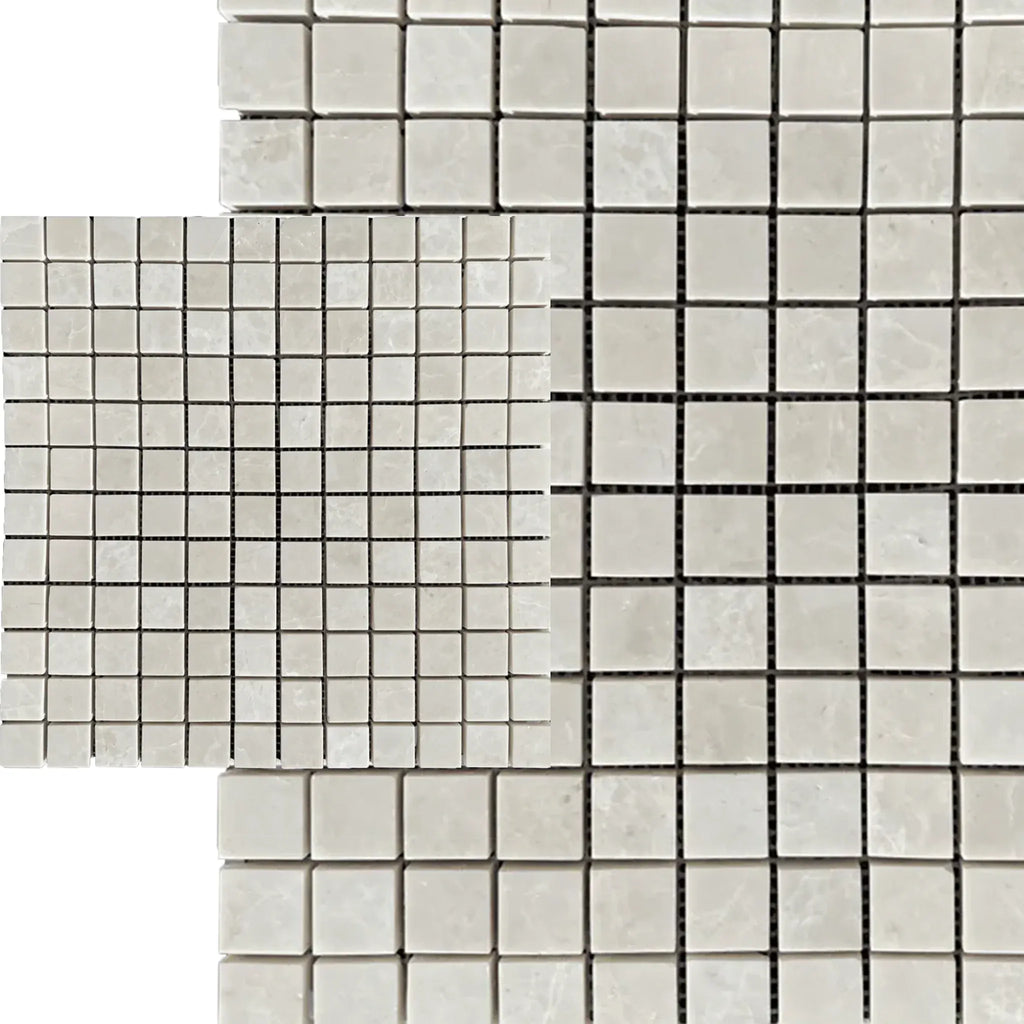 White Pearl and Botticino Beige Marble 1x1 Square Mosaic Tile Sheets Polished