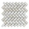 Herringbone pattern of White Pearl and Botticino Beige Marble tiles in polished finish