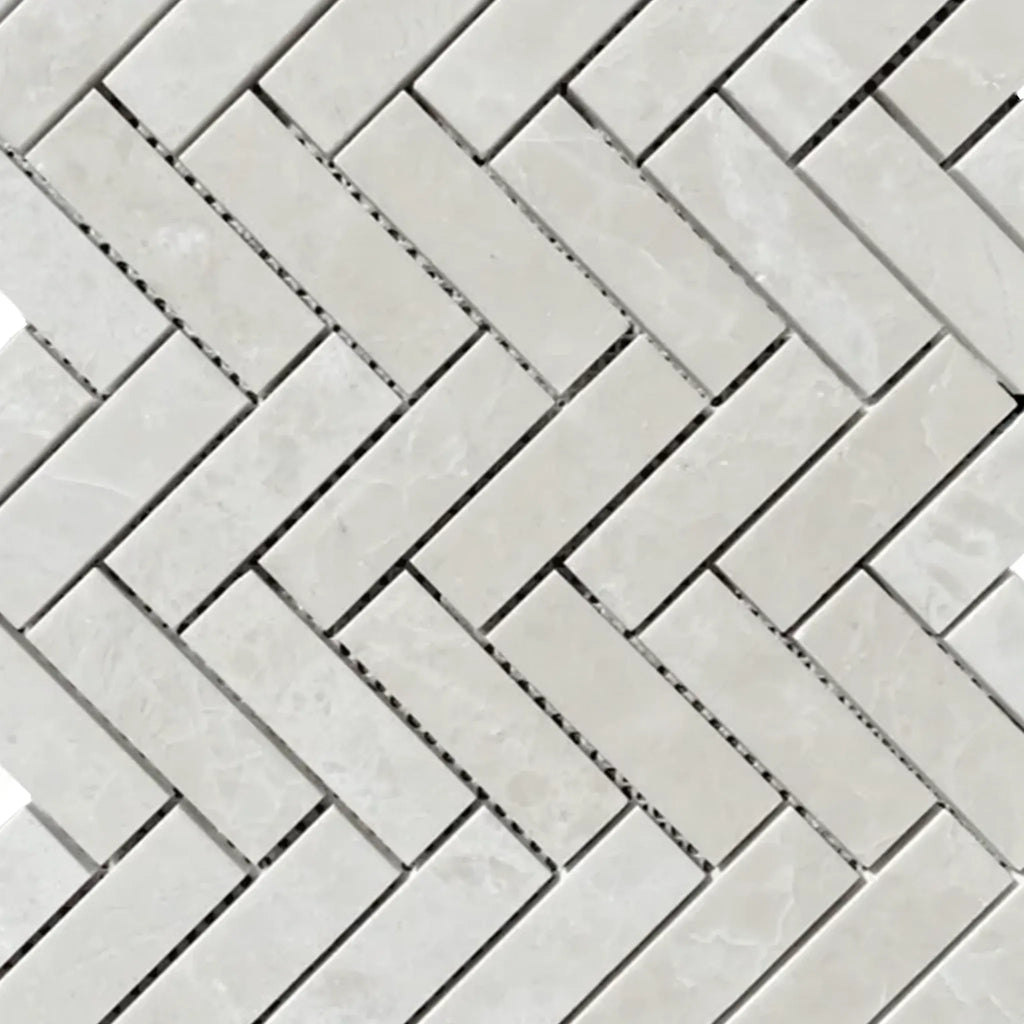 White Pearl and Botticino Beige Marble 1X3 Herringbone Mosaic Polished Pattern