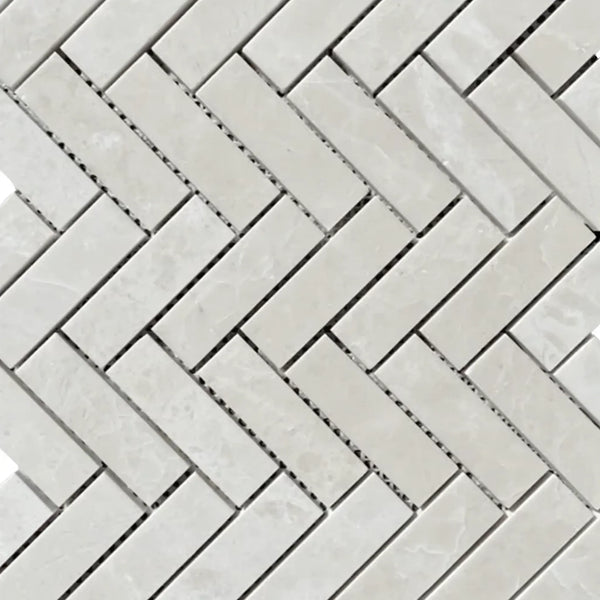 White Pearl and Botticino Beige Marble 1X3 Herringbone Mosaic Polished Pattern