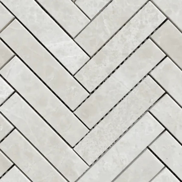 White Pearl and Botticino Beige Marble 1x4 Herringbone Mosaic Polished Tile Pattern