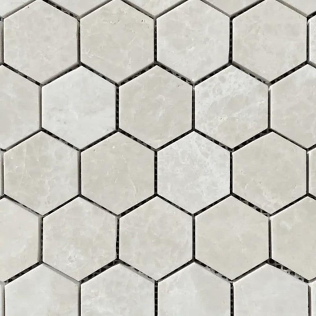 Beige hexagon tile mosaic in White Pearl Botticino Beige Marble 2 inch Polished finish