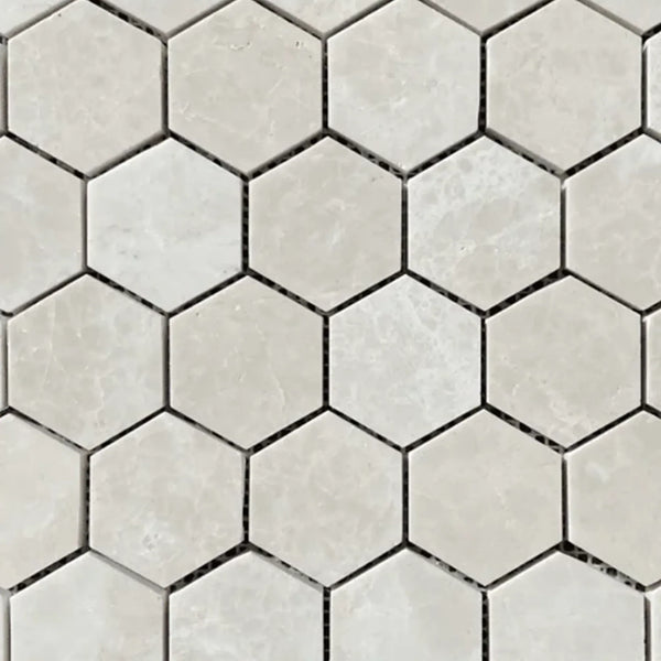 Beige hexagon tile mosaic in White Pearl Botticino Beige Marble 2 inch Polished finish