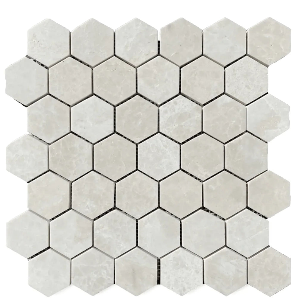 Hexagonal mosaic tile sheet in White Pearl and Botticino Beige Marble finish