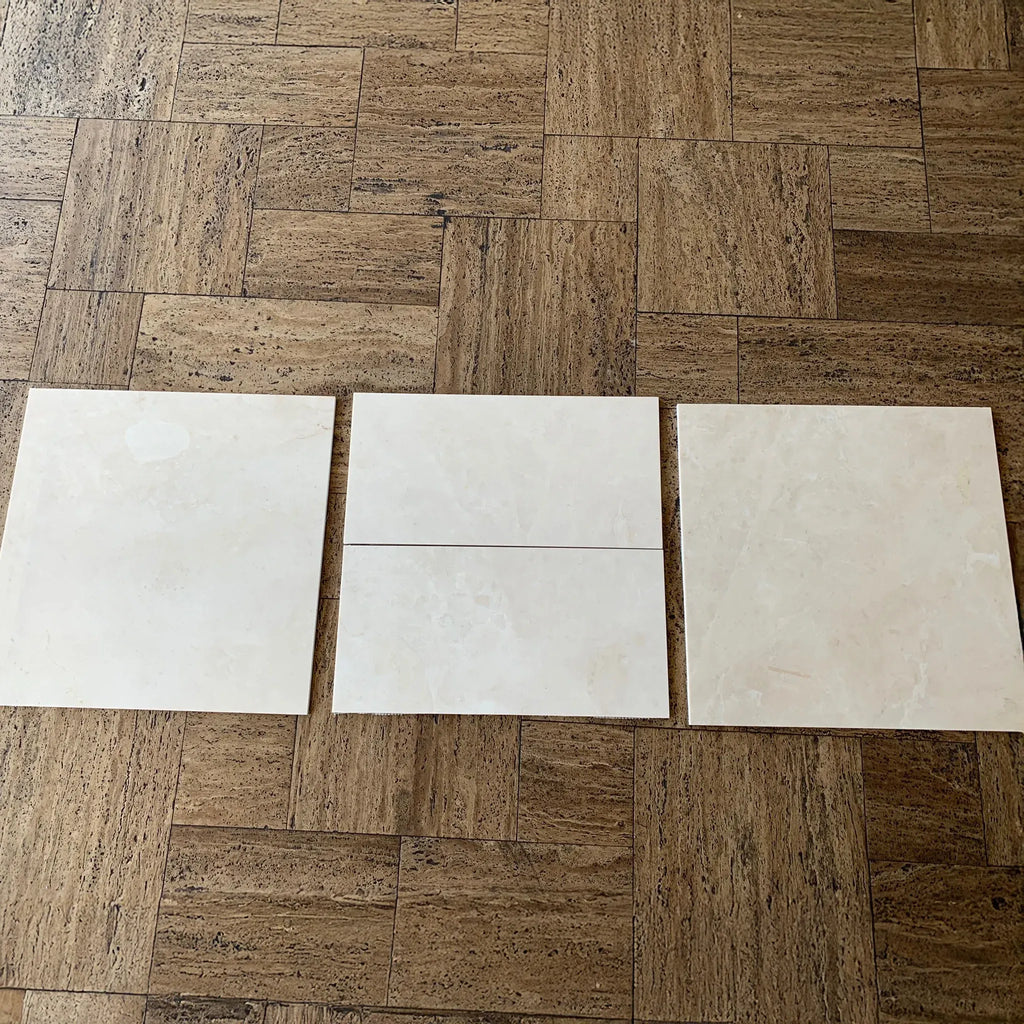 Three light-colored square tiles of White Pearl/Botticino Beige Marble 24X24