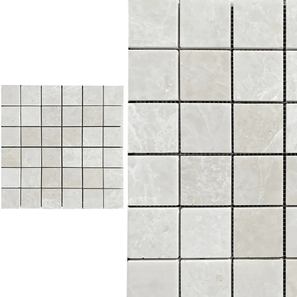 White Pearl Botticino Beige Marble 2X2 Square Mosaic Polished Tile Sheet