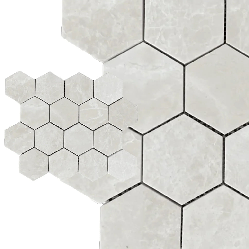 White Pearl and Botticino Beige Marble 3-inch Hexagon Polished Mosaic Tiles