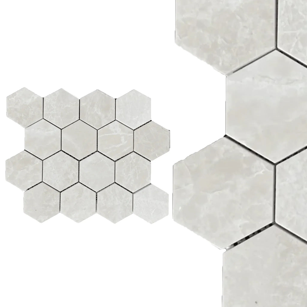 Hexagonal marble tile pattern of White Pearl/Botticino Beige mosaic polished