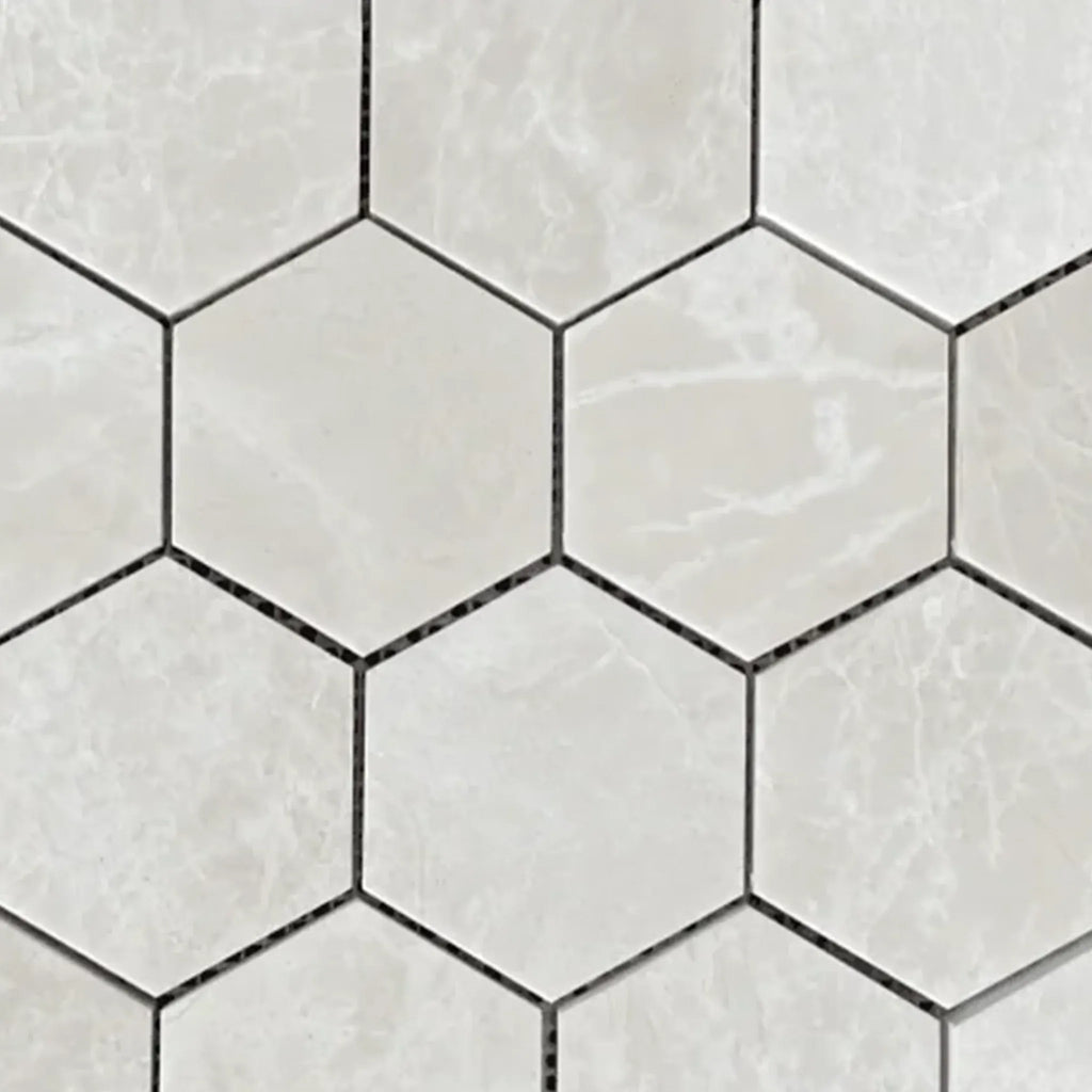 Hexagonal marble tile pattern in White Pearl Botticino Beige Marble mosaic