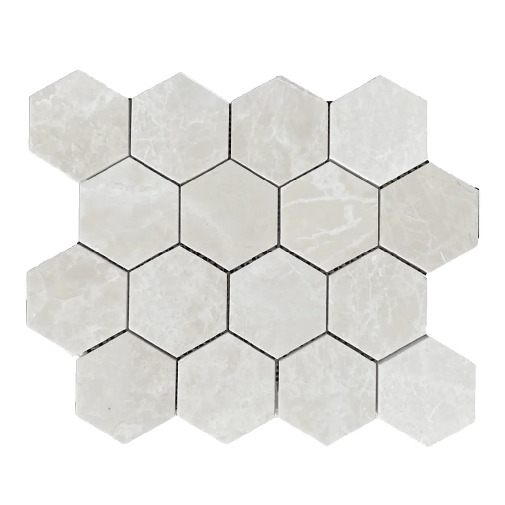 Hexagonal marble tile mosaic in White Pearl and Botticino Beige polished finish