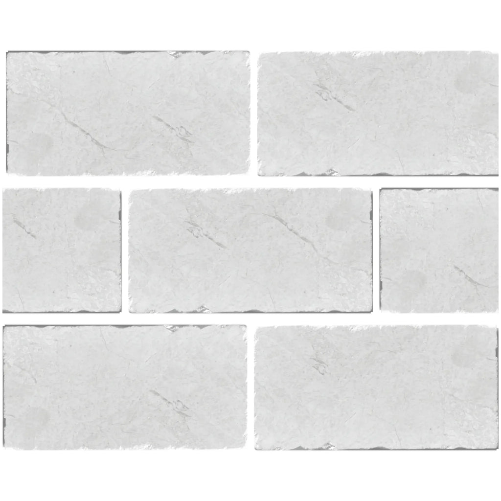 White textured brick pattern showcasing White Pearl/Botticino Beige Marble 3X6 Tumbled