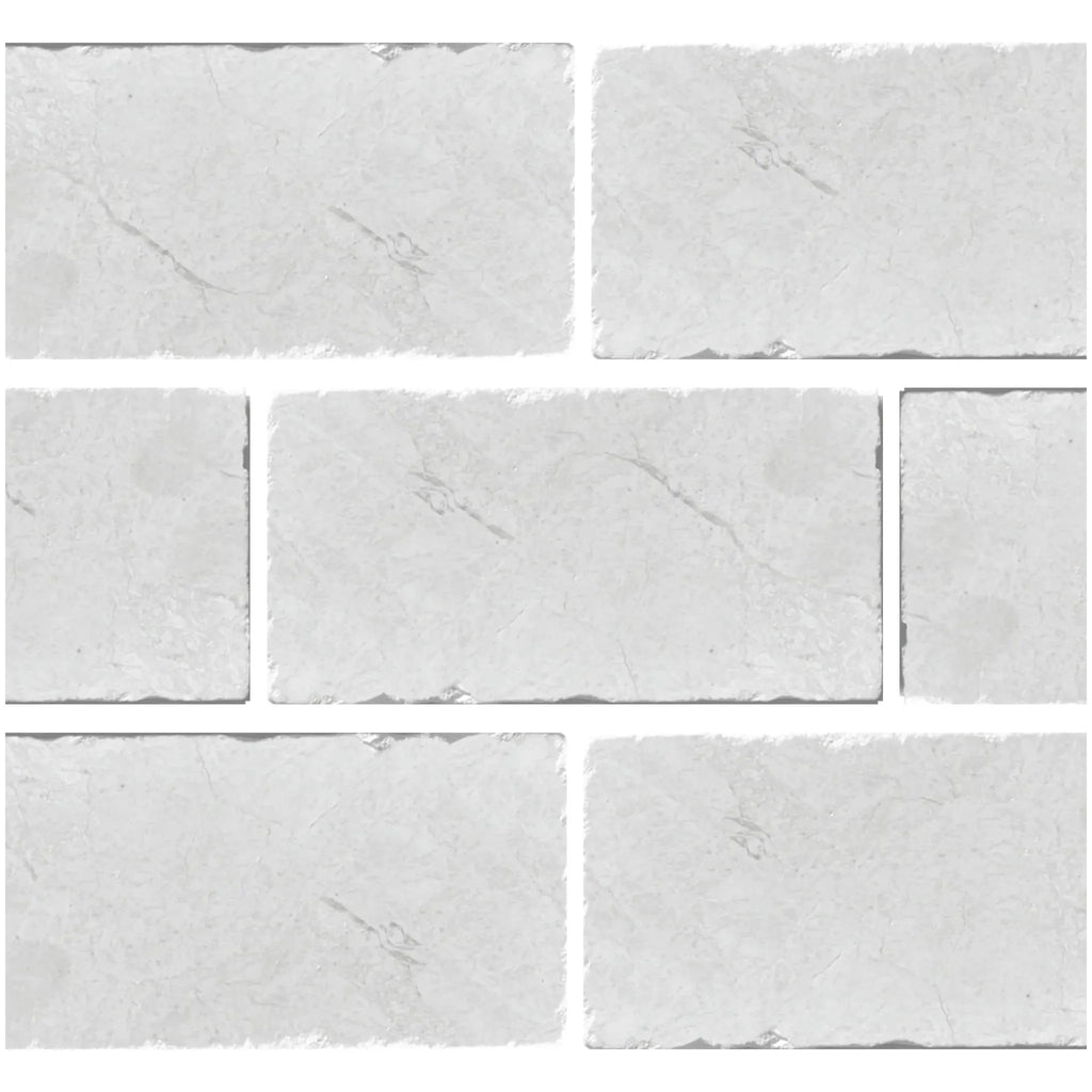 White Pearl Botticino Beige Marble 3X6 Tumbled showcasing a white stone brick pattern