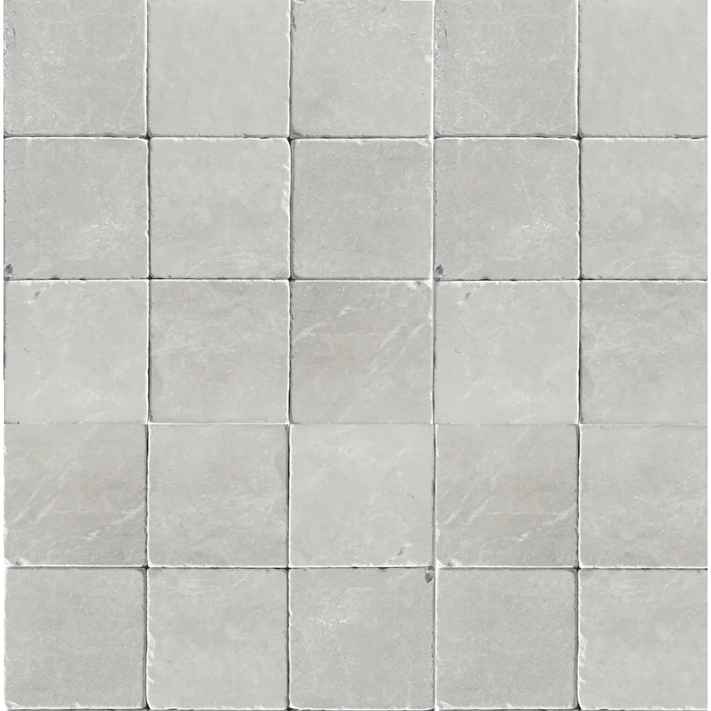 Gray square tile pattern on White Pearl/Botticino Beige Marble 4X4 Tumbled product