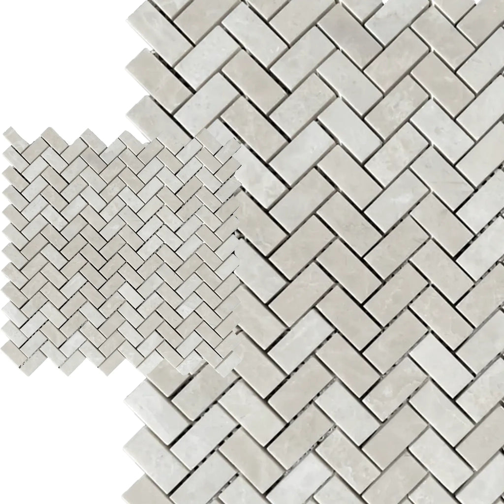 White Pearl and Botticino Beige Marble Mini Herringbone Mosaic Polished Tile Sheets